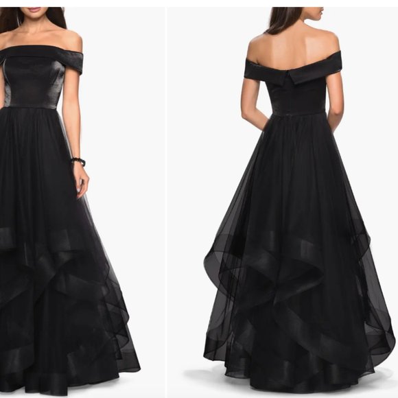 LA FEMME OFF THE SHOULDER BLACK EVENING TULLE GOWN sz 6 - Picture 2 of 4